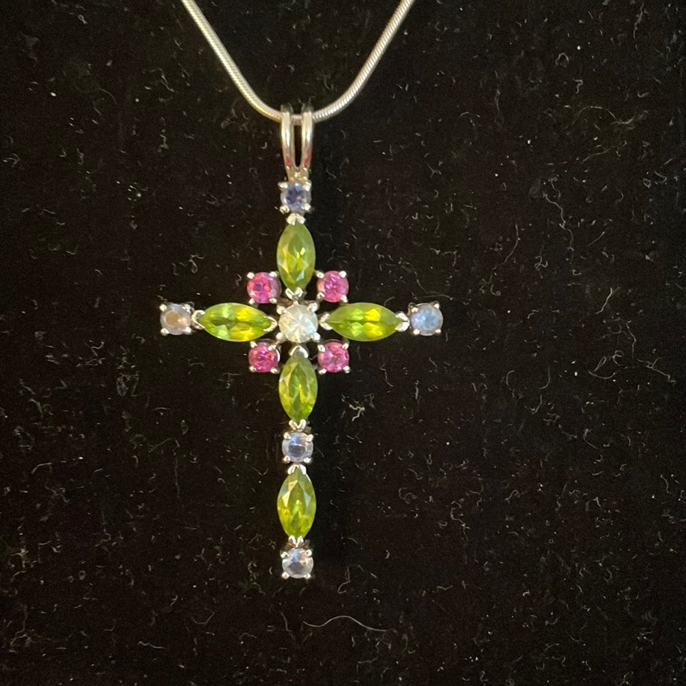 Source Unknown Green, Pink, Blue Cross Pendant Necklace